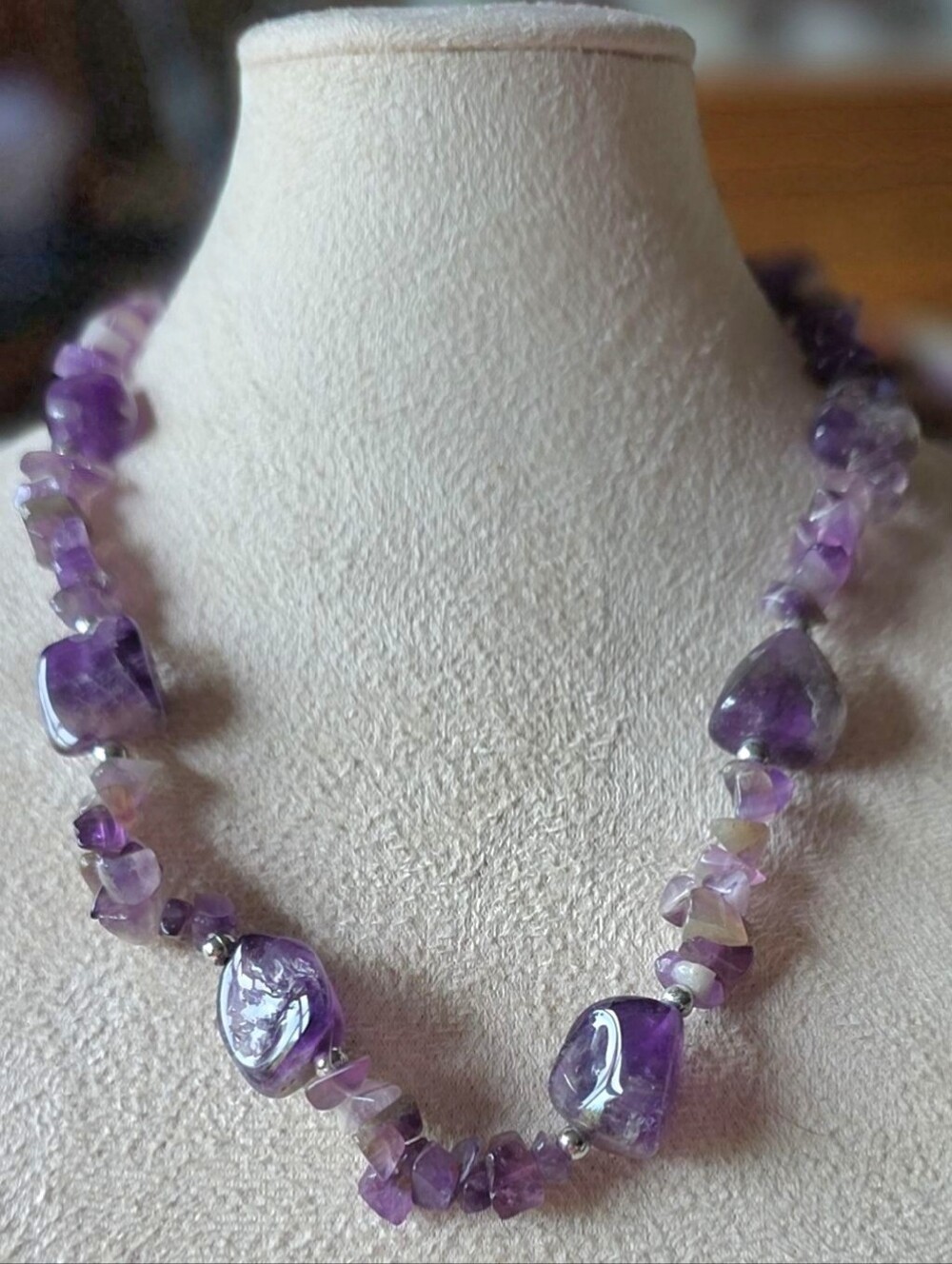 Natural Amethyst Raw Chip & Polished Nugget Beaded Statement Necklace